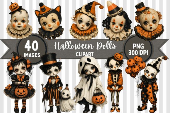 Download Vintage Spooky Halloween Dolls Clipart - Art Collection