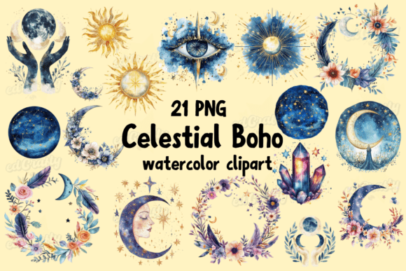 Download Celestial Boho Watercolor Clipart Bundle - Art Collection