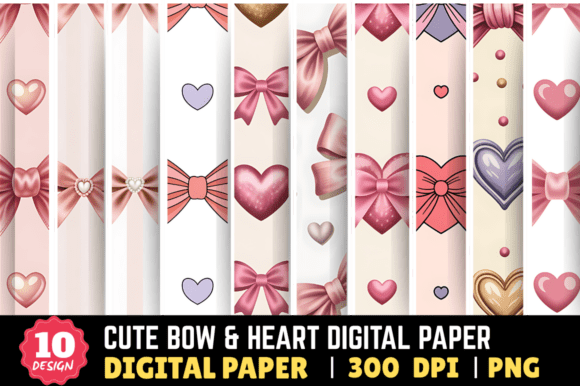 Download Cute Bow &amp; Heart Digital Paper Bundle - Art Collection
