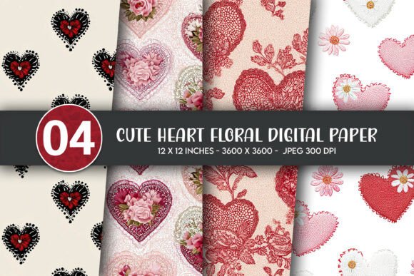 Download Cute Heart Floral Digital Paper - Art Collection