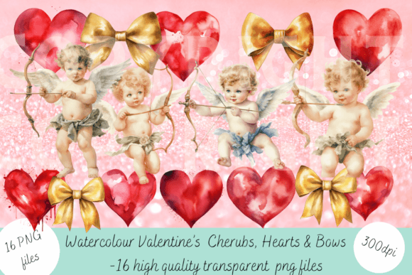 Download Watercolour Hearts, Cherubs &amp; Bows - Art Collection