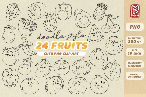 Download 24 Fruits Doodle Line Art with Cute Face - Art Collection