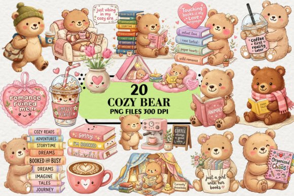 Download Kawaii Cozy Bear Coffee &amp; Books Clipart - Art Collection