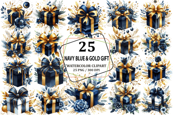 Download Watercolor Navy Blue &amp; Gold Gift Clipart - Art Collection